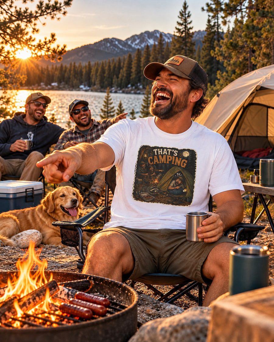 Man laughing at a campsite in a That's Camping tee