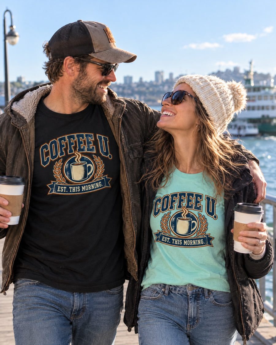 Couple with coffee in matching Coffee U tees